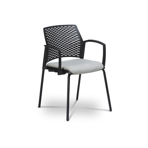 A black upholstered chair with four legs and armrests, featuring a gray seat cushion.