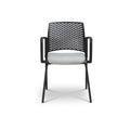 A black upholstered chair with four legs and armrests, featuring a gray seat cushion, front view