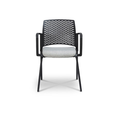A black upholstered chair with four legs and armrests, featuring a gray seat cushion, front view