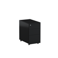 Black slimline mobile pedestal with three drawers, key lock and lockable castors.