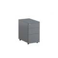 Silver slimline mobile pedestal with three drawers, key lock and lockable castors.