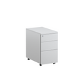 White slimline mobile pedestal with three drawers, key lock and lockable castors.