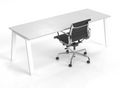 Single Edge Adaptable Desk with white leg finish and black office chair in front 