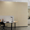 Decorative acoustic wall panel with a woven image design featuring arches and vertical linework, in a vanilla color.