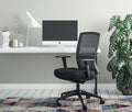 A black Buro Mentor office chair with mesh back and nylon base, featuring adjustable armrest in a work setup