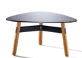 Okidoki Tri Coffee Table with walnut legs and black tinted glass top – sleek rounded triangle design for home or office