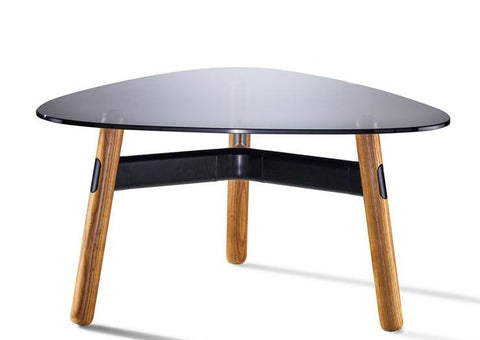 Okidoki Tri Coffee Table with walnut legs and black tinted glass top – sleek rounded triangle design for home or office