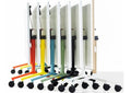 Okidoki rectangle folding table with a white frame and multiple color leg options