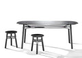 Okidoki rounded rectangular table with tempered black glass top and black timber legs and matching stool
