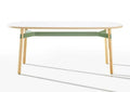 Okidoki rounded rectangular table with white top, green frame, and ash timber legs

