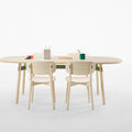 Okidoki table & chair setup with a plywood seat and backrest in ash color.