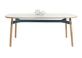 Okidoki rounded rectangular table with white top, aqua blue frame, and ash timber legs
