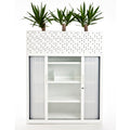 Australian made tambour door cabinet with top planter box, lockable sliding doors and shelves for office storage