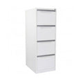 A vertical filing cabinet with four drawers, in a white satin finish, with a recessed handle and label holders on the drawer fronts.